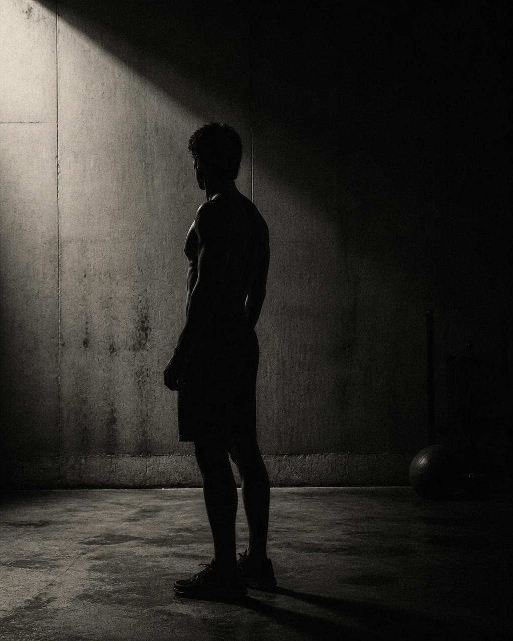 Silhouette of an athlete standing still in a concrete training space